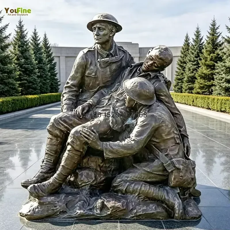 Wmwmnu for Bronze Sculpture Battlefield Aid WWI Memorial Statue Three Soldiers Rescuing Wounded Comrade Outdoor Park Garden
