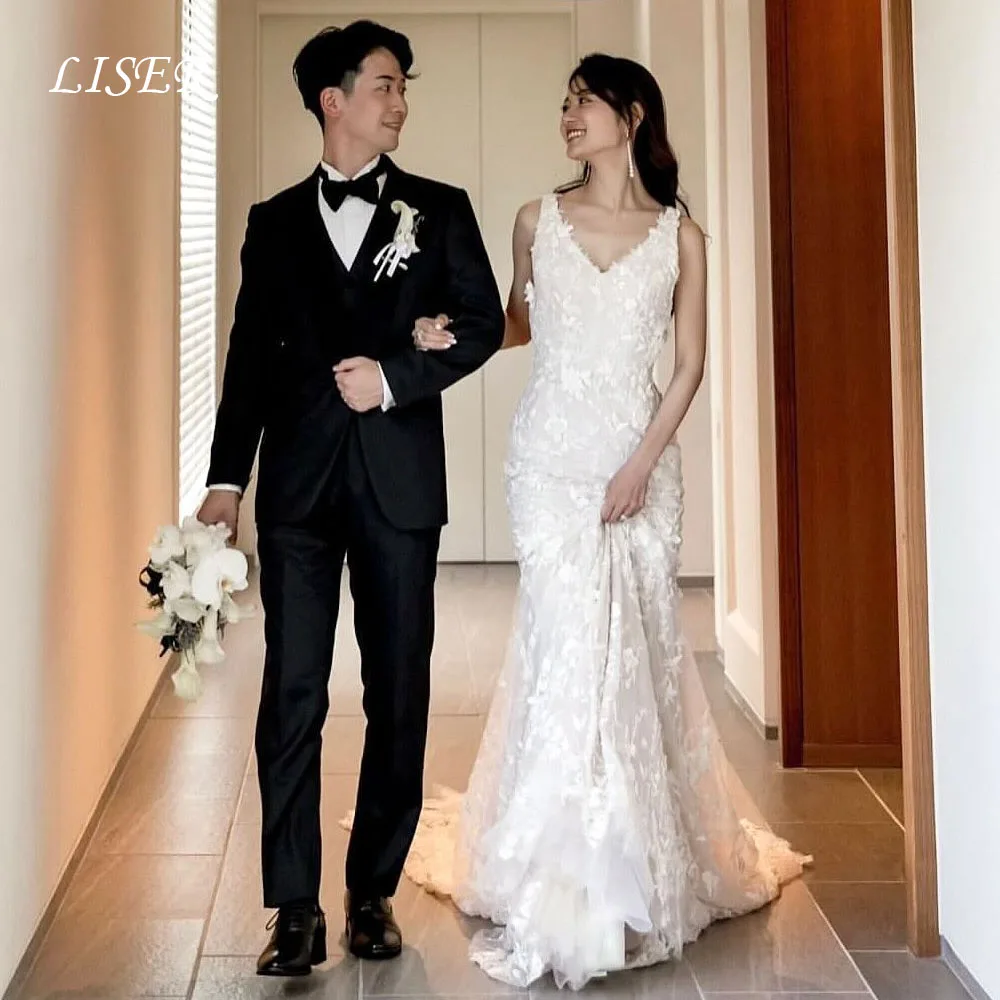 Liser Sweetheart Mermaid Fairy Korea Wedding Dresses Silk Lace Elegant Long Bridal Gowns Photo Shoot 웨딩드레스 Customized