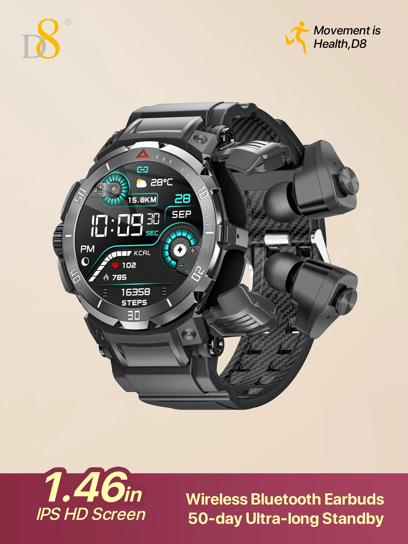 D8 Smart Watch with Earbuds for Men Women, 1.46