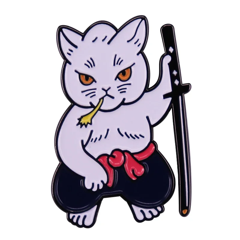 Japanese Samurai Cat Art Brooch Maneki Neko Badge Enamel Pin