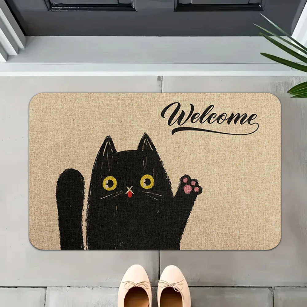 Black Cat Christmas Lights Print Doormat entryway front porch indoor hallway home decor Christmas Holiday Decor Rug