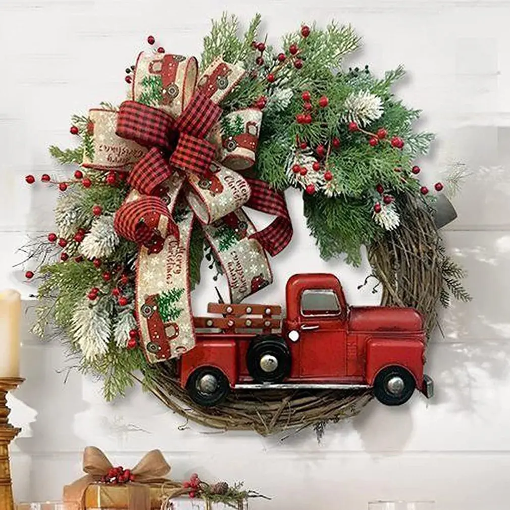 2024 Christmas Wreath Red Truck Front Door Wreath Vintage Farm Wreath With Pine Cones Fall Wreaths For Thanksgiving Xmas Decor