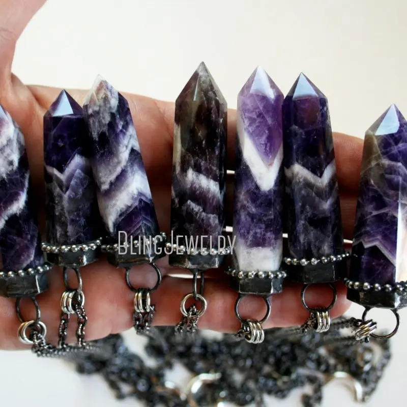 NM44214 Chevron Amethyst Polished Point Crystal Tower Necklace Purple Obelisk Talisman Wicca Witch Goth Halloween Jewelry Arcane