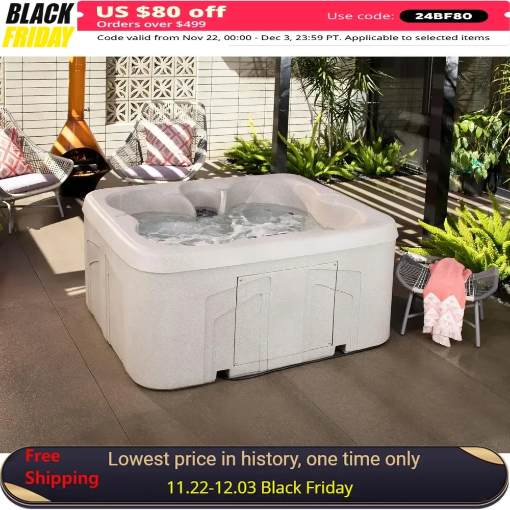 4-Person Hot Tub，Outdoor Spa W/ Cover and LED Lights，Square，13 Adjustable Massagers，Hot Tub Jacuzzi Outdoor