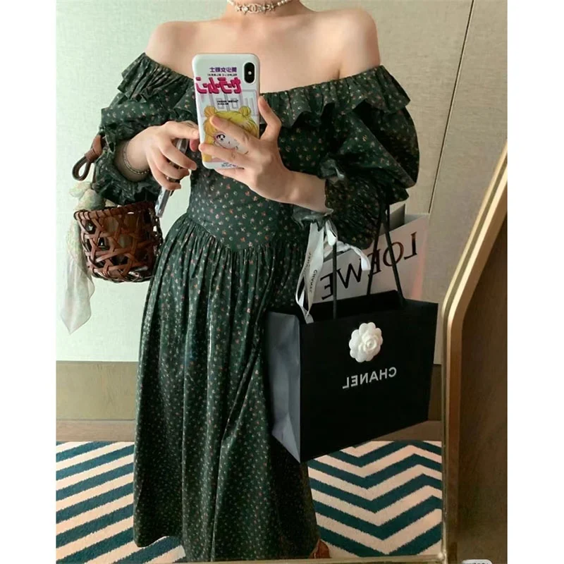 スーザン・エレ・フローラルプリント・ロングスリーブ・ミディ丈ワンピース レディース ハイウエスト コットンガーゼ 春ファッション カジュアルワンピース