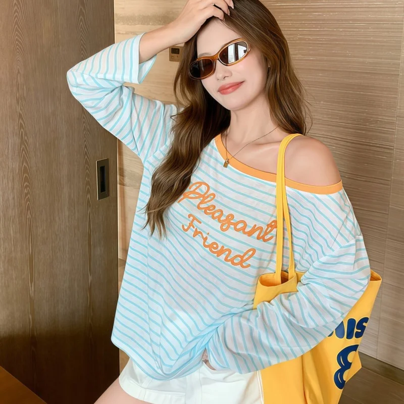 Women Blue Striped Letter Print Long Sleeve T Shirt Women Summer Loose Fit Sunscreen Shirt Versatile Slim Casual Outer Top
