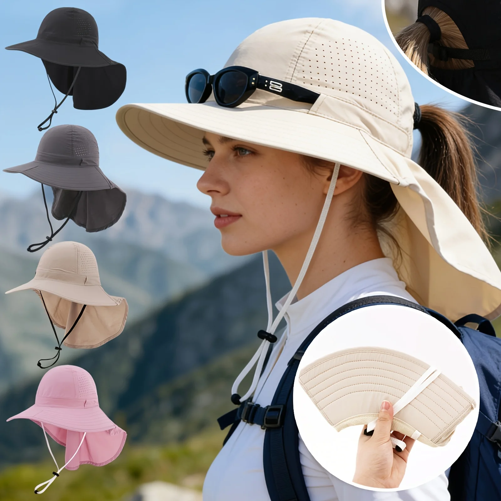 Women's Summer Breathable Sun Protection Foldable Shawl Sun Hat Suitable for Outdoor Activities Hiking Beach Vacations
