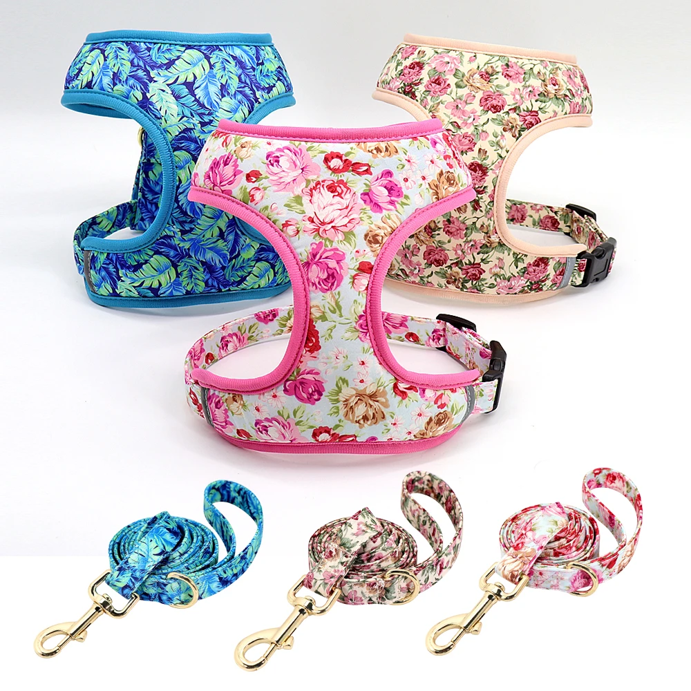 Nylon Printed Dog Collar Harness Leash Mesh Puppy Cat Vest Personalized Pet Collars Anti-lost For Small Medium Dogs Cats Pink