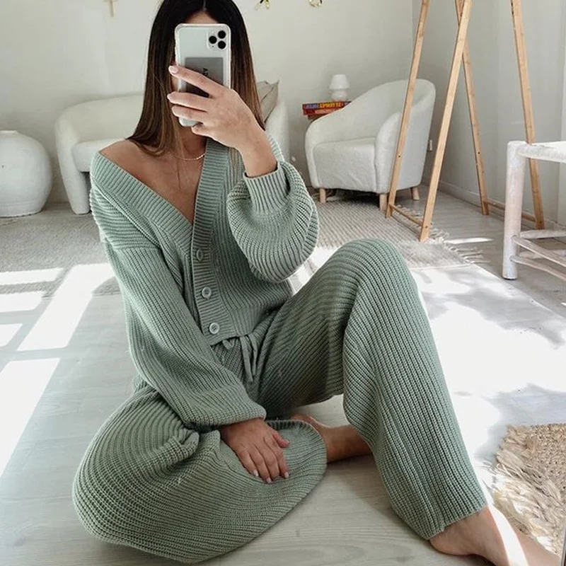 

New2025Casual Fashion Women's Solid Color Cardigan Long Sleeve Knit Top and Long Pants Two-Piece Set