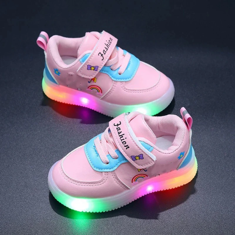 Girls Sneakers Baby Leather Led Light Board Shoes Girls Outdoor Sneaker Children\'s Toddler Anti-slip Walking Shoes Spring Summer