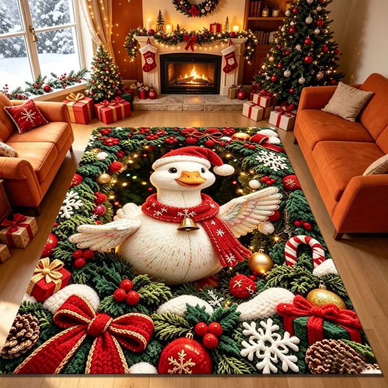 VIKAMA 3D Christmas Duck Bell Pine Area Rug Soft Cozy Warm Non Slip Living Room Farmhouse Style Christmas Holiday Home Decor