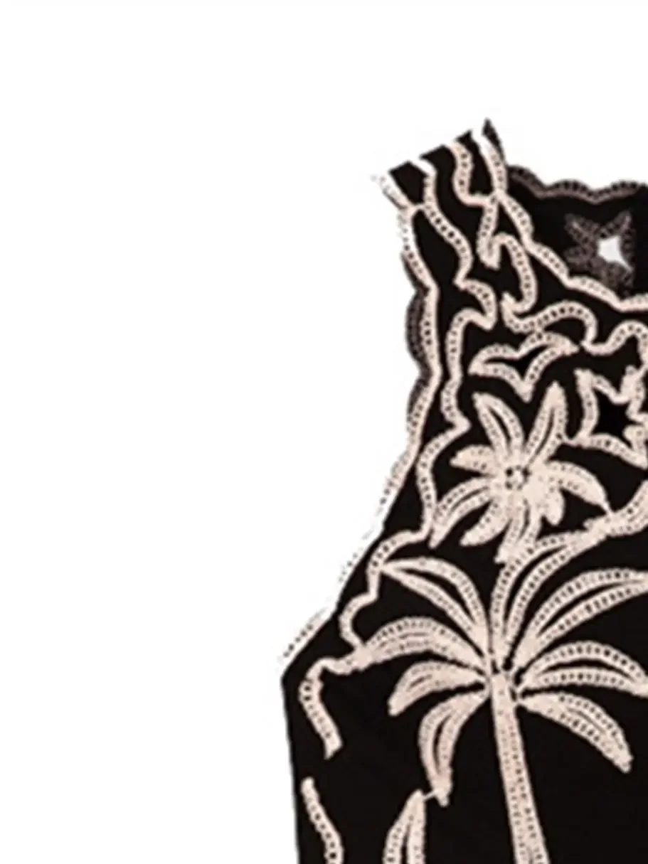 

2023 Summer A-line Hollow out Short Robe Women Embroidered Sleeveless Black Wave Edge Round Neck Dress