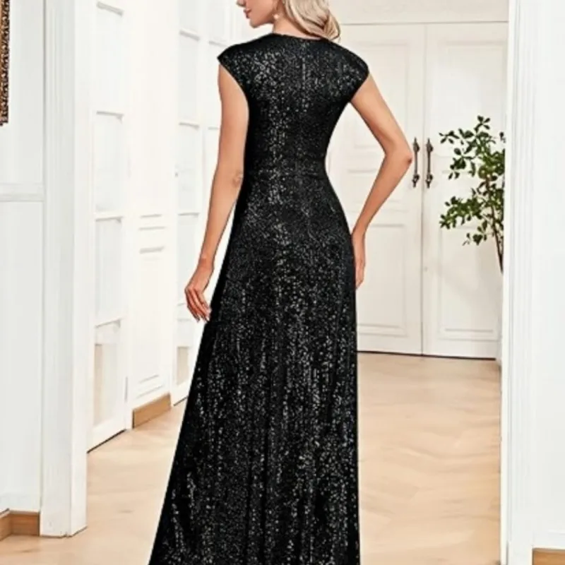 TXxuelian V-neck Evening Dress Floor Length Party Gown Sequins Sleeveless Formal Prom  Dress for Women A-line Guest Dress