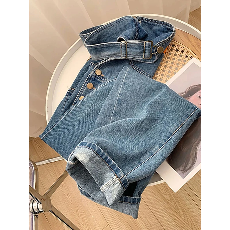 MEXZT Jumpsuits Women Streetwear Denim Overalls Vintage Loose Casual Wide Leg Pants High Waist Strap Straight Jeans Trousers New