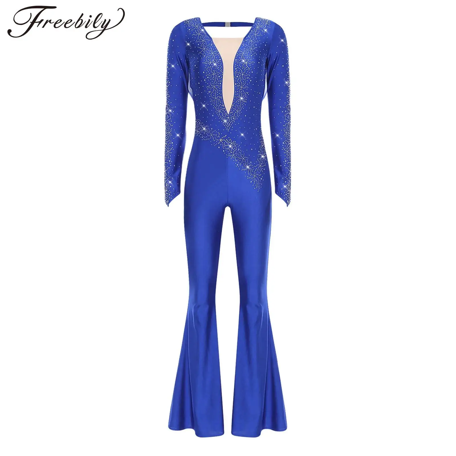 

Женский блестящий комбинезон для фигурного катания со стразами, костюм для латинских танцев, ча-ча, гимнастический костюм с длинными рукавами и рюшами, сетчатое расклешенное боди