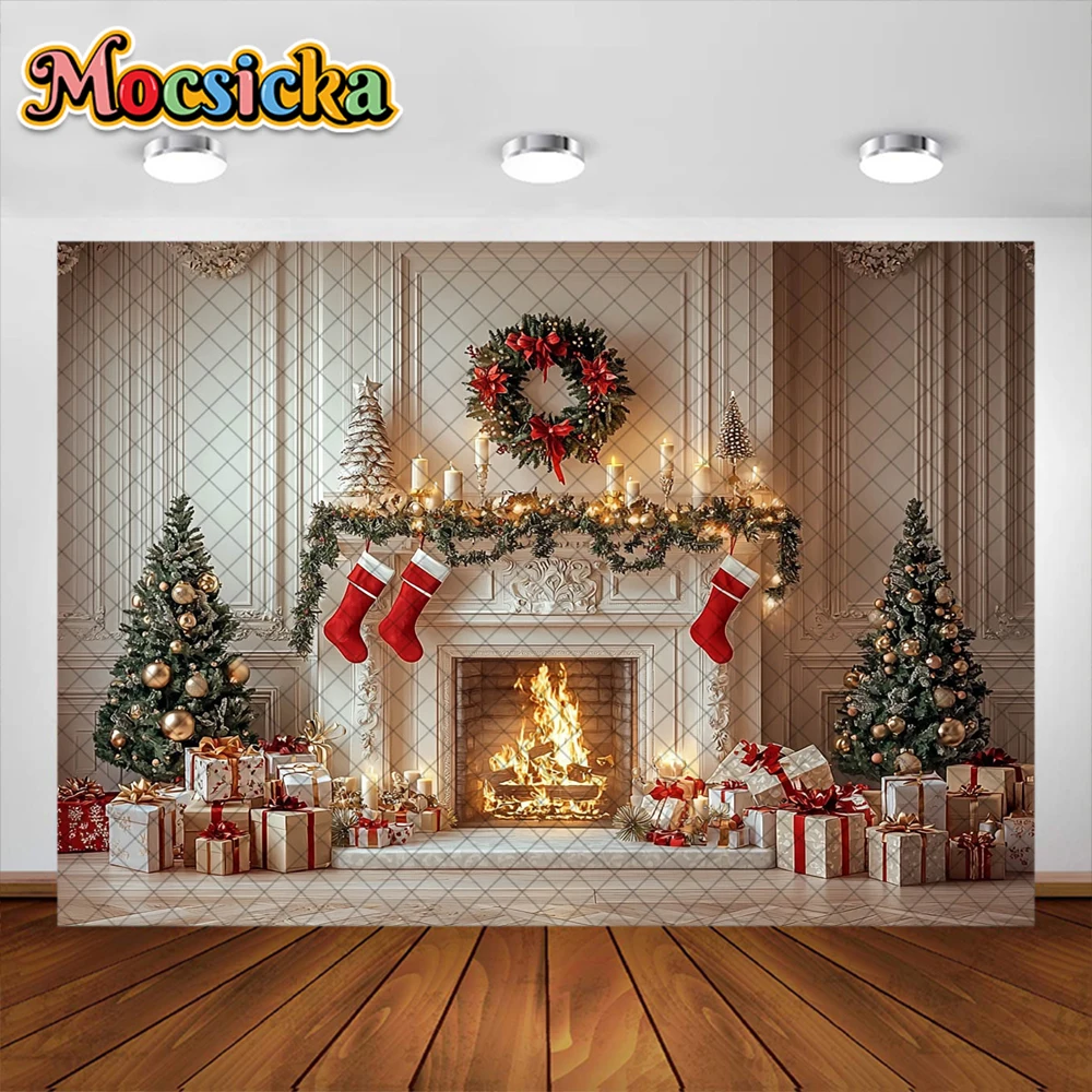 Christmas Photography Background Xmas Tree Fireplace Garland Decoration Supplies Family Portrait Photo Backdrops Studio Props