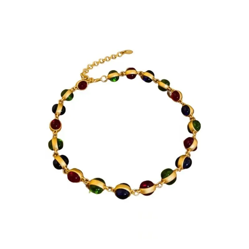 Vintage Court Style Colorful Oval Beaded Diamond Earrings Party Colorful Gemstone Necklace Girls Fashion Party Set Jewelry Gift