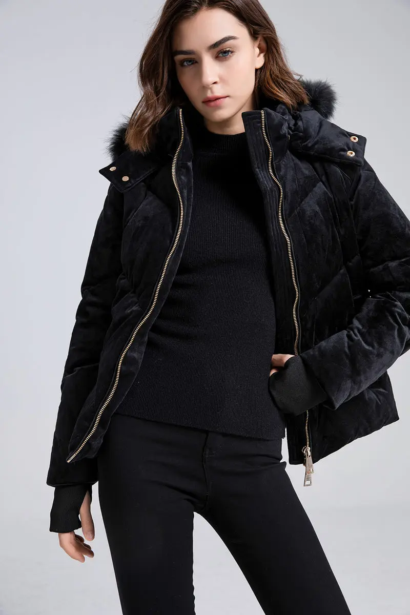 AS winter woman Velour / Vegan leather coat filled down outwear Detachable nature fur metal gold zipper