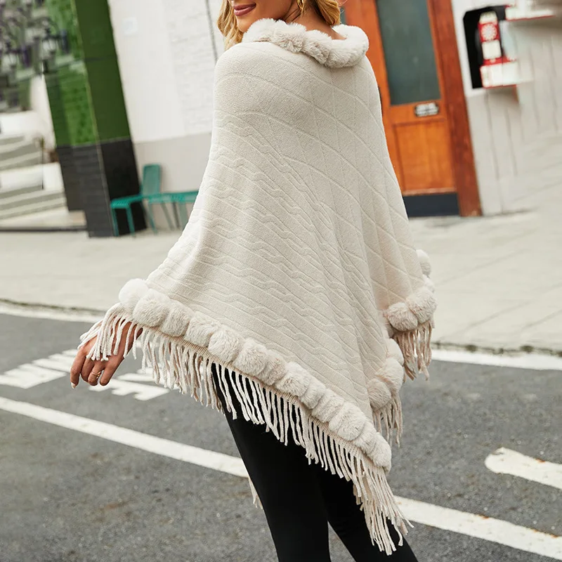 5 Colors Faux Fur Poncho Cloak Tassel Big Pendulum Cape Triangle Striped Jacquard Winter Thick Loose Outstreet Pullover Coat