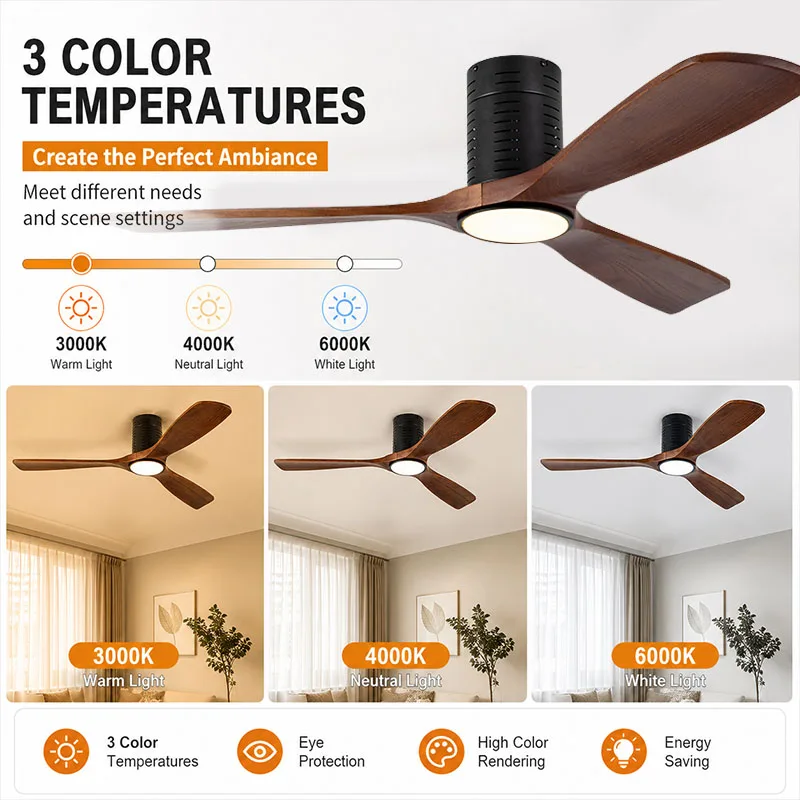 52 inch ceiling fan with high wind power and 6-speed adjustable DC motor silent electric fan 85-265V ceiling fan light