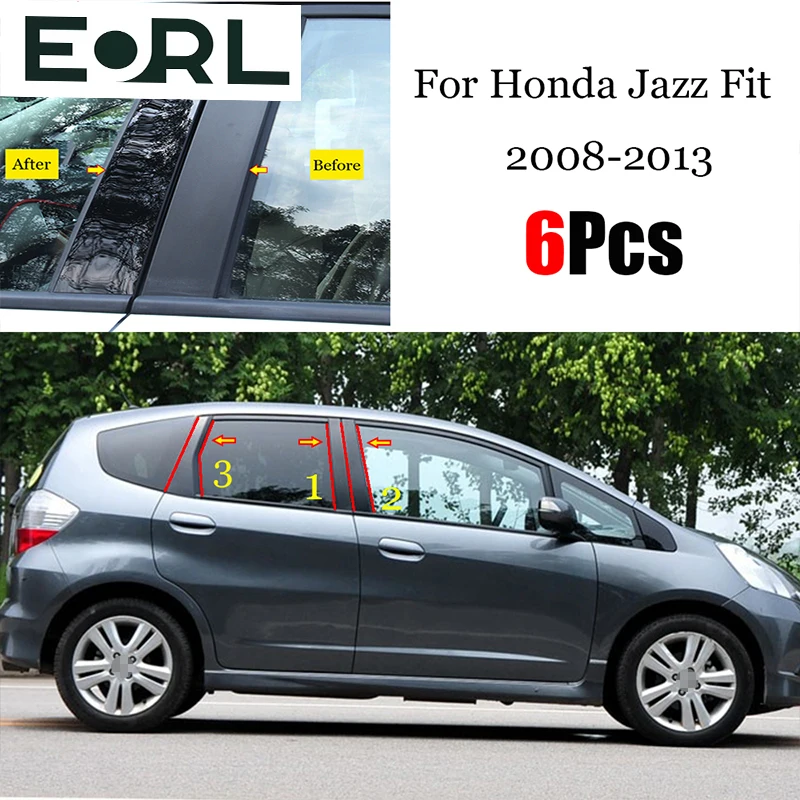 

6PCS Black Car Door Window Column BC Pillar Post Cover Trim PC Material Sticker For Honda Jazz FIT 2008 - 2013