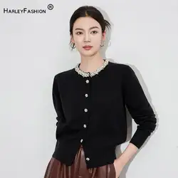 Nuovo arrivo Vintage stile francese signora pregevole fattura strass perline o-collo manica lunga donna Cardigan monopetto in maglia