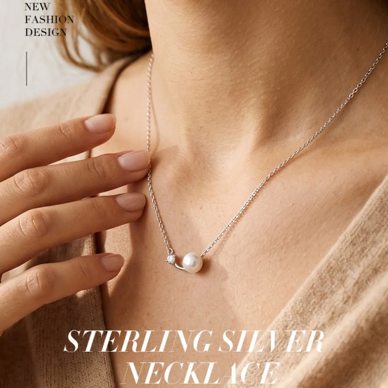 Women's S925 Sterling Silver Shell Pearl Necklace with Shimmering Zircon - Elegant Jewelry Accessory