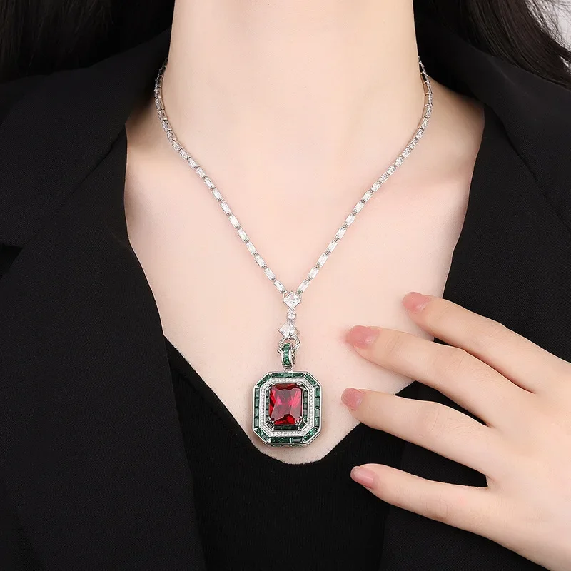 Emerald gem pendant red corundum square 12*16 women's model S925 silver plated 18K gold necklace clavicle chain
