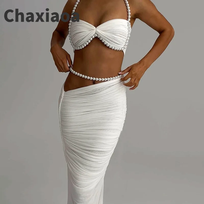Chaxiaoa жемчужный лоскутный сексуальный женский комплект из 2 предметов, белые плиссированные укороченные кофточки + макси-юбки с низкой талией, женский трендовый наряд для отпуска