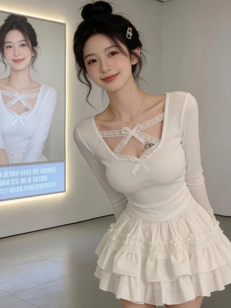 

Pure Desire Lace Splicing Hollow Cross Collar Long Sleeve T-Shirt Women's Spring Autumn New High-End Sweet And Spicy Base Top