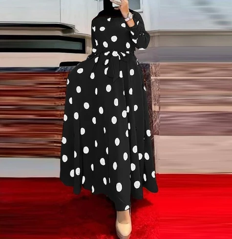 

Women's Dress Autumn Winter Latest 2025 Printed Polka Dot Long Sleeved Loose Hem Dress Lotus Leaf Sleeve Medium Length Skirt