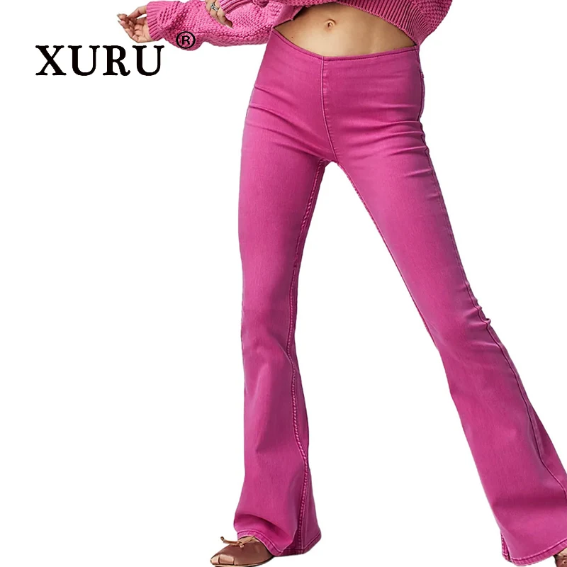 

XURU - New Women's Low Waist Elastic Horn Jeans, Y2k Clothes Fashion and Personalized Street Long Jeans, Men's Pants