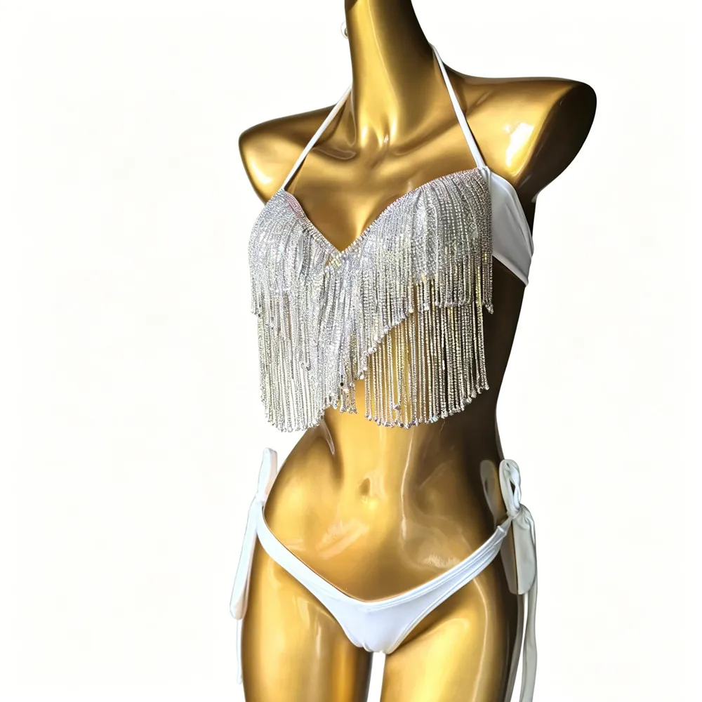 Women Sexy Beach Swimsuit Gold Silver Rhinestones Chain Fringe Bikini 2 Piece Set Pool Party Vacation Swimwear Night Show Outfit