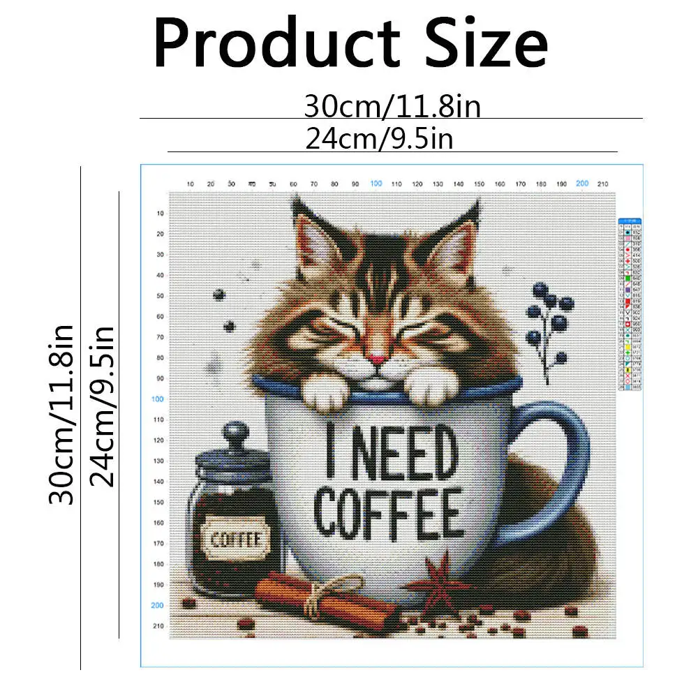 DIY Full 11CT Embroidery Cross Stitch Kits Sleepy Cat in Coffee Mug Pre Printed Aida Cloth Needles Threads Animals Decor