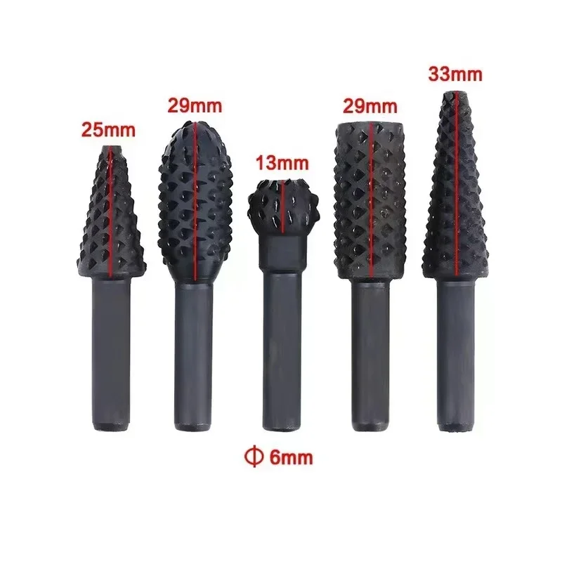 5pcs Drill Bits Metal Rotary Burr Drill Bit Wood File Grinder Milling Rasp Wood Stone Metal Root Carving Milling Cutter Tools