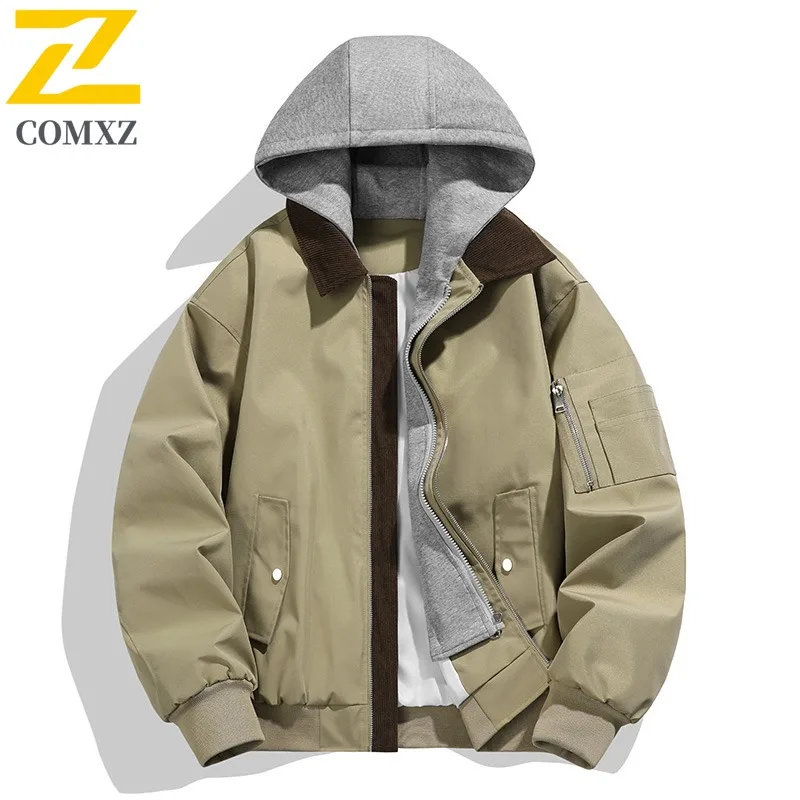 

COMXZ Casual Hooded Mens Jacket Mountaineering Durable Motorcycle Coats Fake Two Piece Design Lightweight Autumn New Jackets