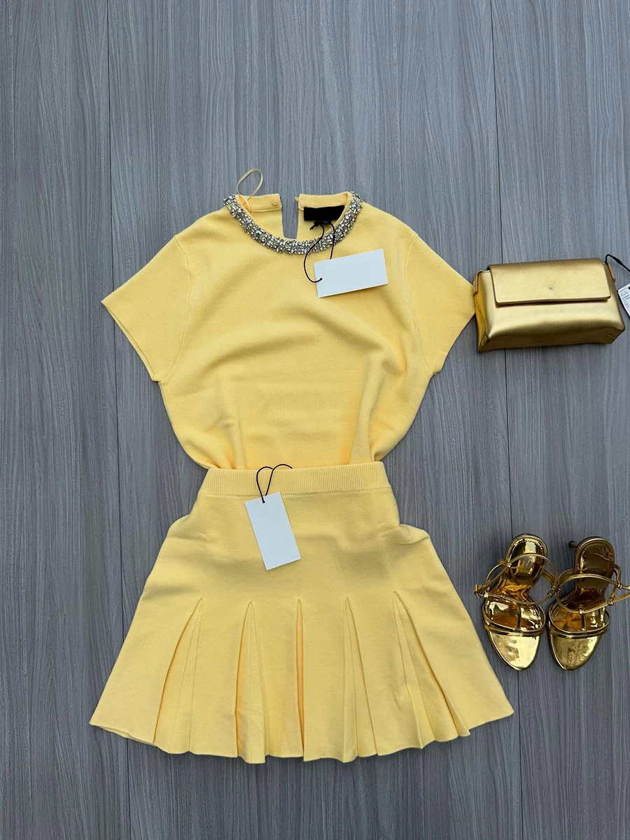 

Solid Knitted Mini Pleated Skirts Sets Women Diamonds Crew Neck Short Sleeve T-shirt Simple Fashion Elegant Skirt 2 Piece Set