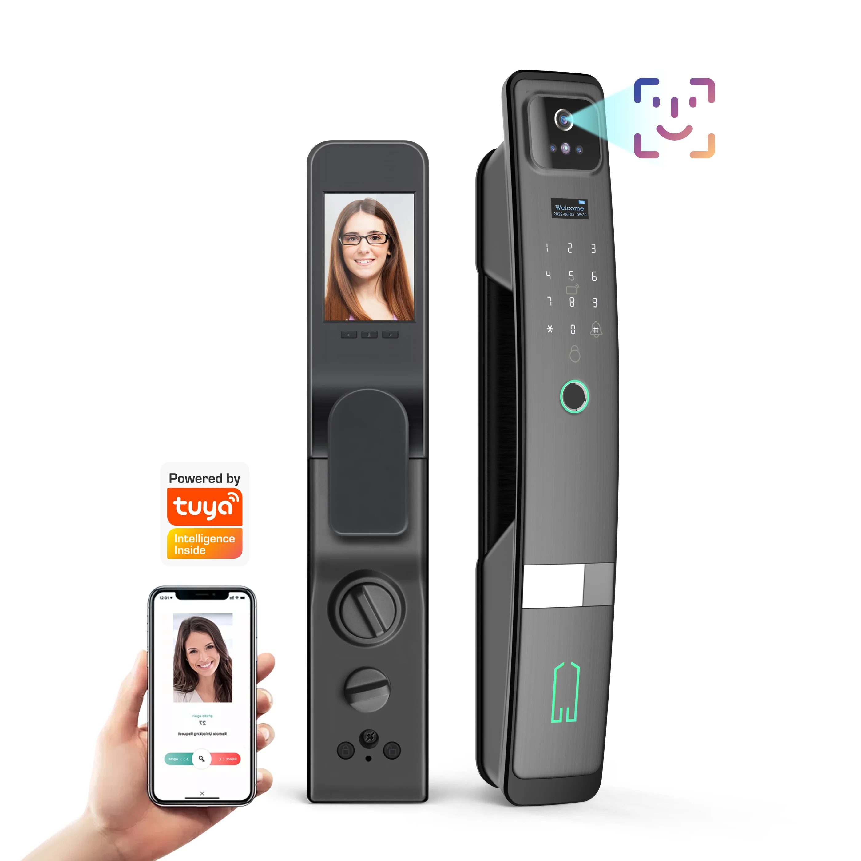 2024 Most Fashional Tuya WiFi  Automatic 3D Face recognition Door Lock With Cats Eye Camera PST-H20-P