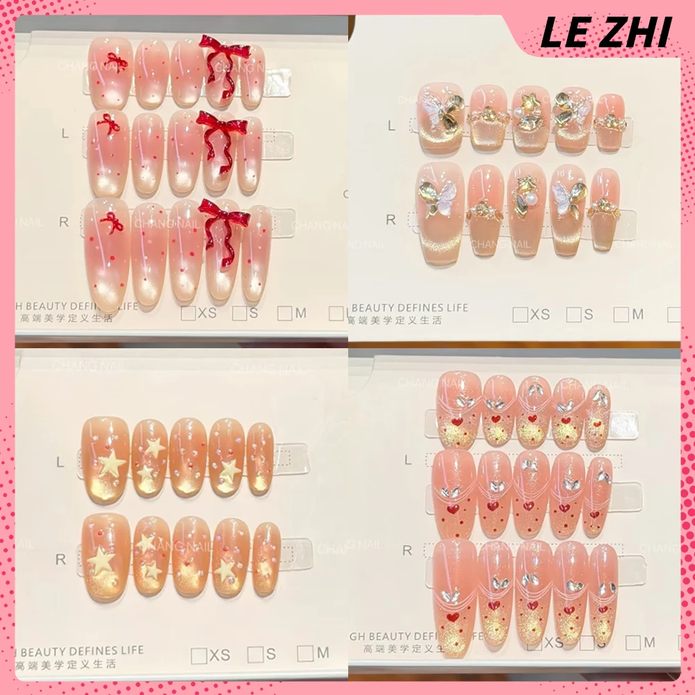 

10Pcs Girlish Heart Cat Eyes Bowknot Butterfly Handmade Press On Nails Sparkling Diamond Flower Stars Pearl False Nails Gift