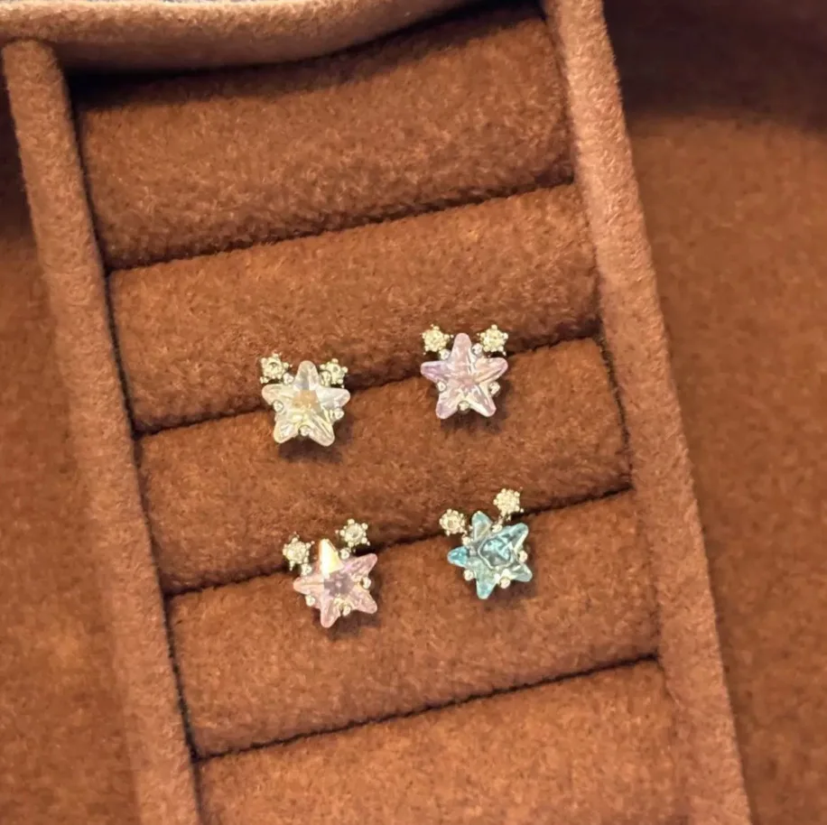 Sweet Multicolor Star Zircon Stud Earrings For Women New Trendy Crystal Ears Accessories Jewelry Friends Gifts Party Casual Wear