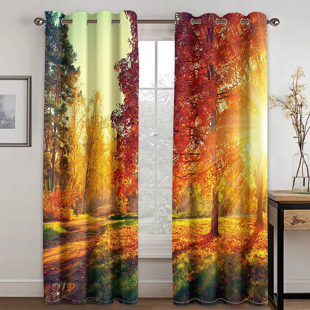 

3D Curtain Tree Scenery for Bedroom, Autumn Forest Sunset Print, Light Curtain, Essential Polyester, 2 Panels