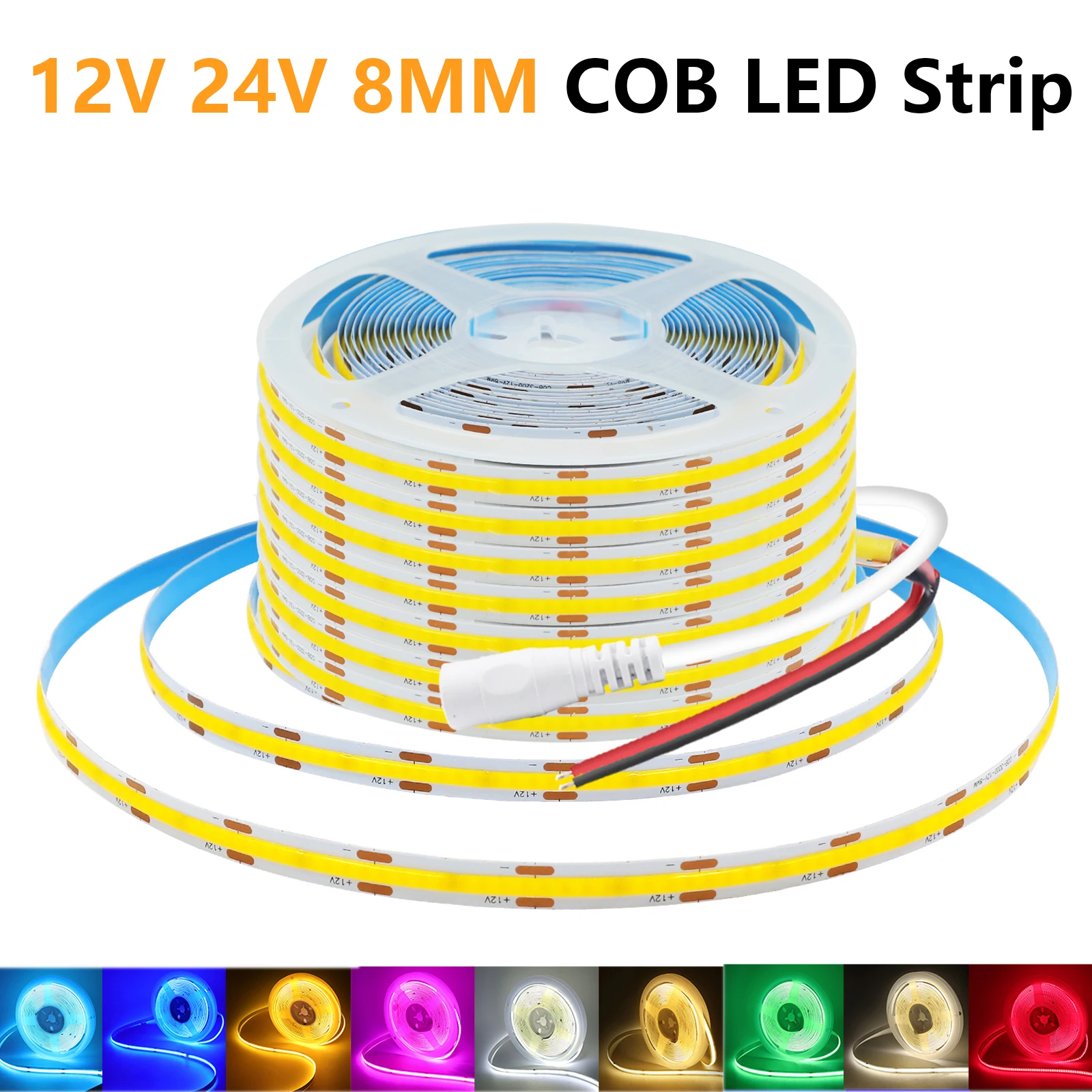 8MM COB LED Strip 12V 24V 320LEDs/m Dimmable High Density Flexible LED Ribbon Red Green Blue Pink Yellow Ice Blue White Light