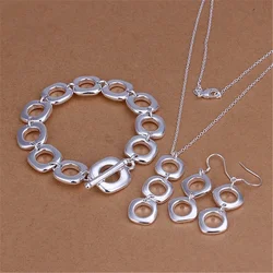 Charms streetwear 925 sterling Silver Round square pendant necklace Bracelet earring Jewelry set for women Fashion Party gifts