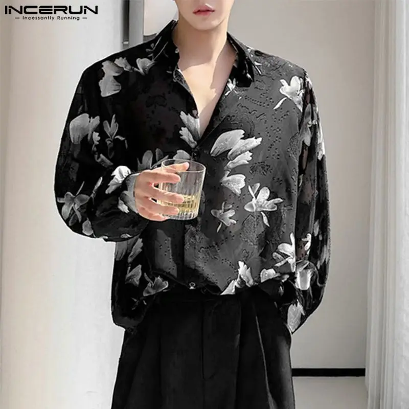 2024 Men Casual Shirt Printing Chiffon Lapel Long Sleeve Loose Streetwear Men Clothing Fashion Leisure Male Shirts S-5XL INCERUN