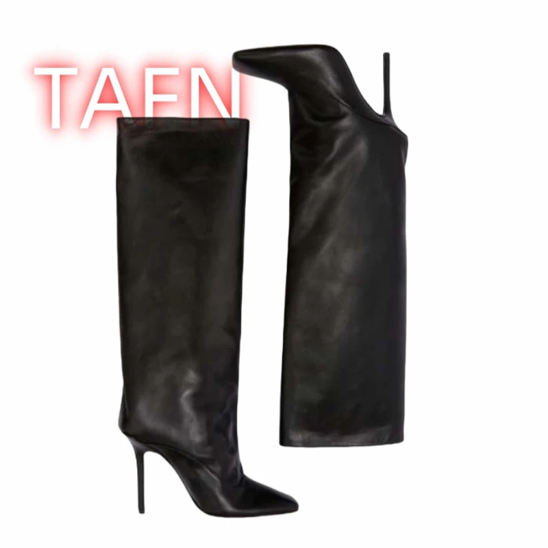 

Black Matte Leather Women'S Boots Square Toe Stiletto Slip-On Large Size Fashion Boots Elegant Party Catwalk Knee-High Boots