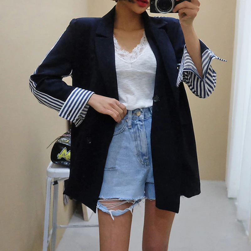 SuperAen 2024 Fashion Spring and Autumn Thin Casual Patchwork Jacket Women\'s Korean Stripe Blazer