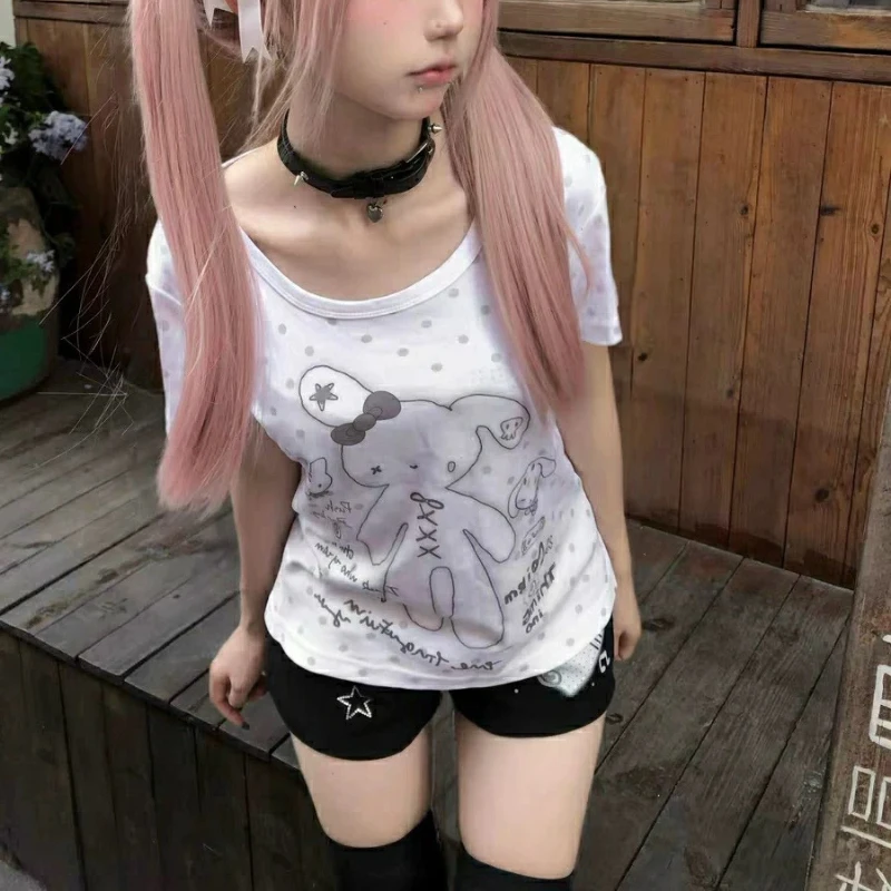 HOUZHOU Kawaii Blue Print Graphic T-Shirts Women White Sweet Vintage Polka Dot Short Sleeve Tees Y2k Aesthetic Japanese Fashion