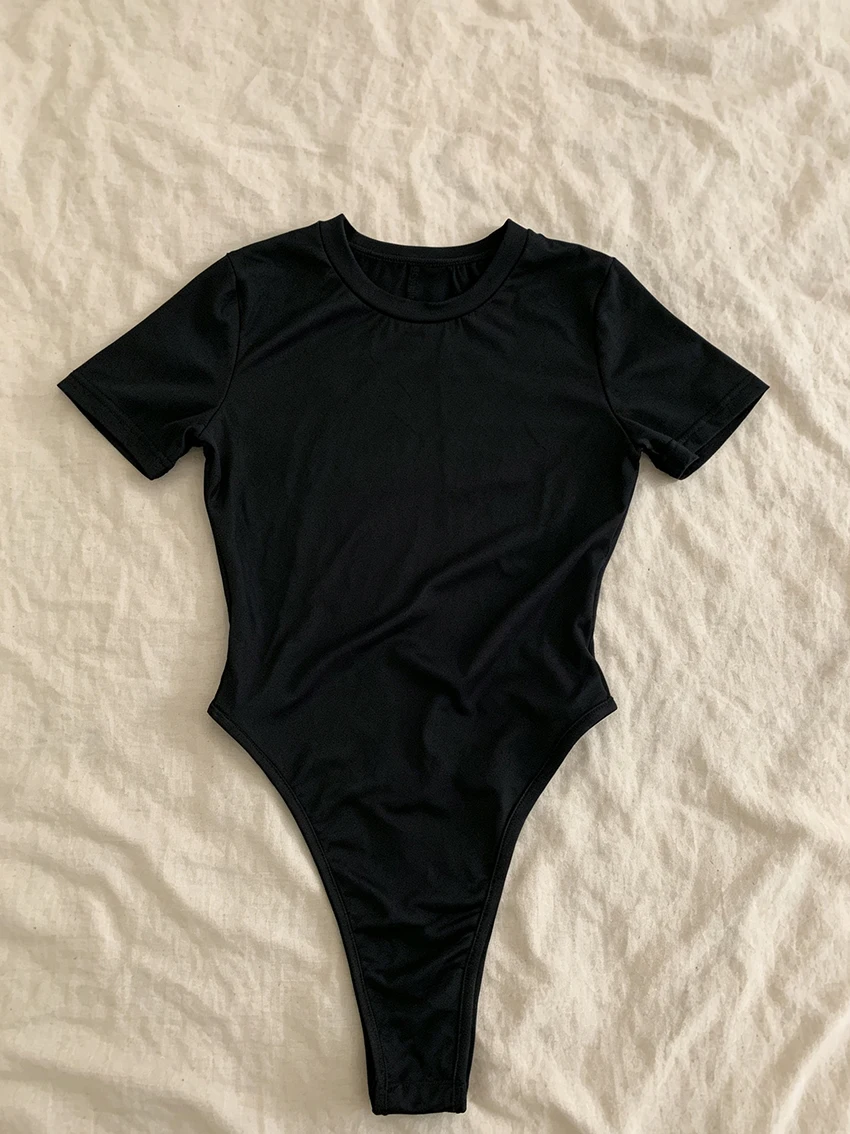 Fashion Ladies Solid Black Bodysuit Harajuku Round Neck Short Sleeve Back Cutout High Leg Stretch Bodycon Daily Street Jumpsuits