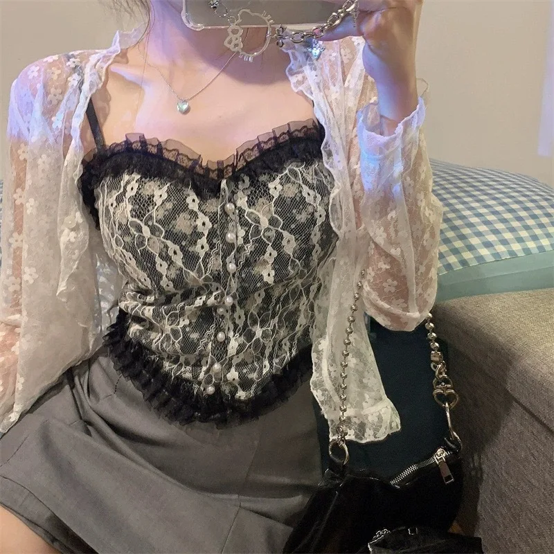 

Strap vest for women embroidered pearl French breathable lace chest wrapped floral inner and outer patchwork top for women