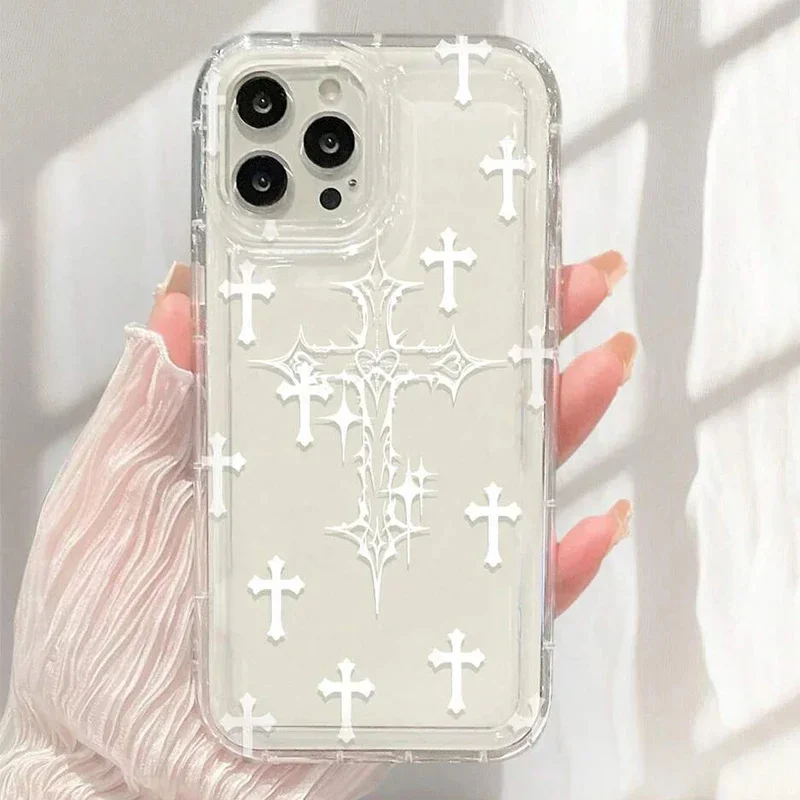 Cross & Ghost Airbag Anti-Fall Soft Phone Case Cover for iPhone 15 14 13 12 11 Pro Max X XS XR 7 Plus SE 2022 Transparent Case